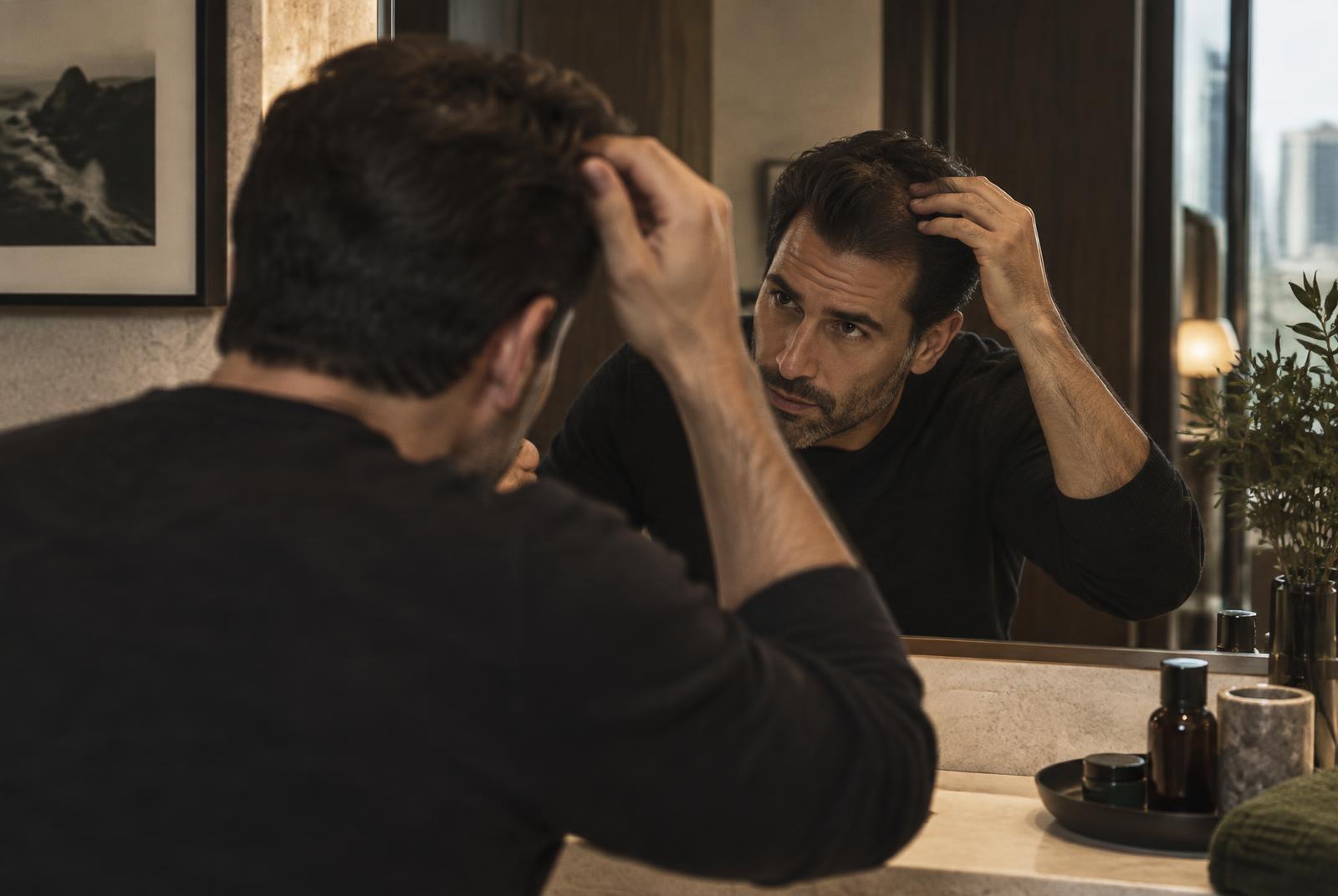Homem observando o cabelo durante sua rotina